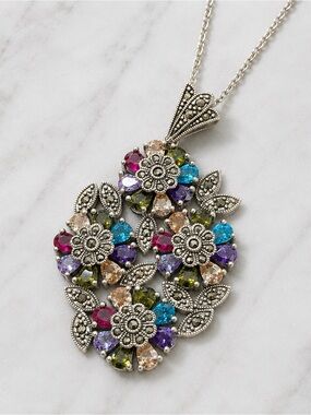 925 Sterling Silver Multi-Gemstone Marcasite Floral Pendant Necklace